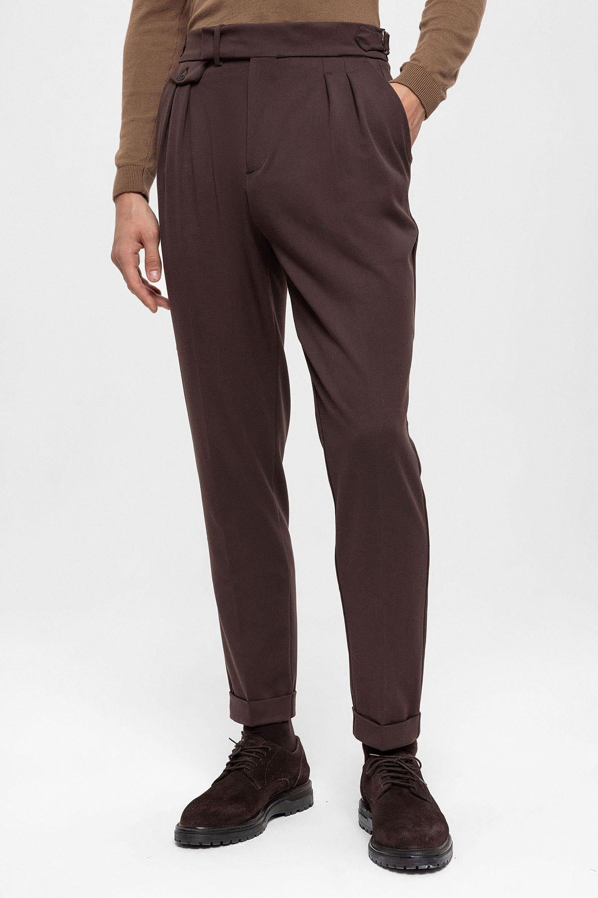 Men's Brown High Waist Pleated Trousers