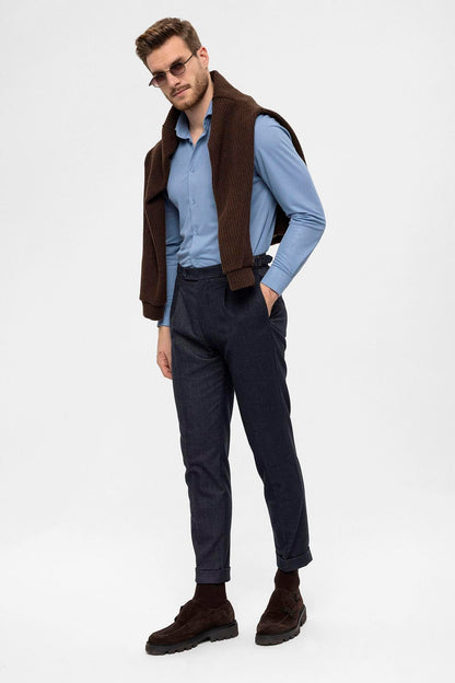 Men's Navy Blue High Waist Pleated Trousers