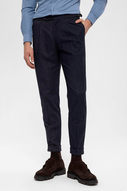Men's Navy Blue High Waist Pleated Trousers