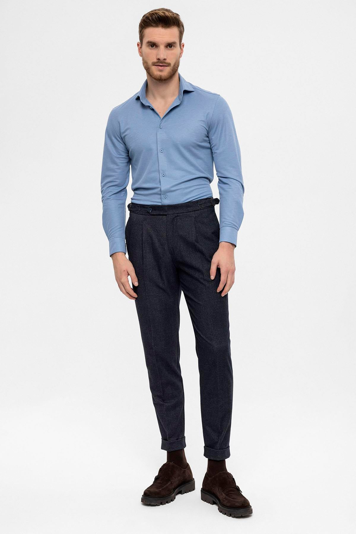 Men's Navy Blue High Waist Pleated Trousers