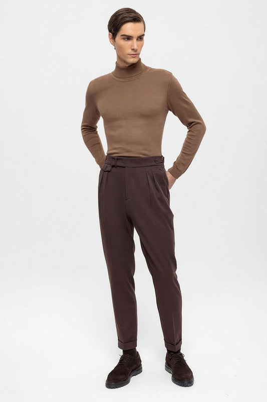 Men's Brown High Waist Pleated Trousers
