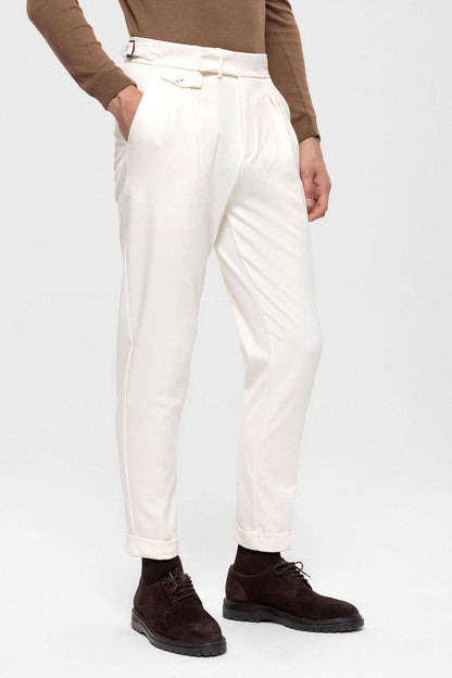 Men's Ecru High Waist Pleated Trousers