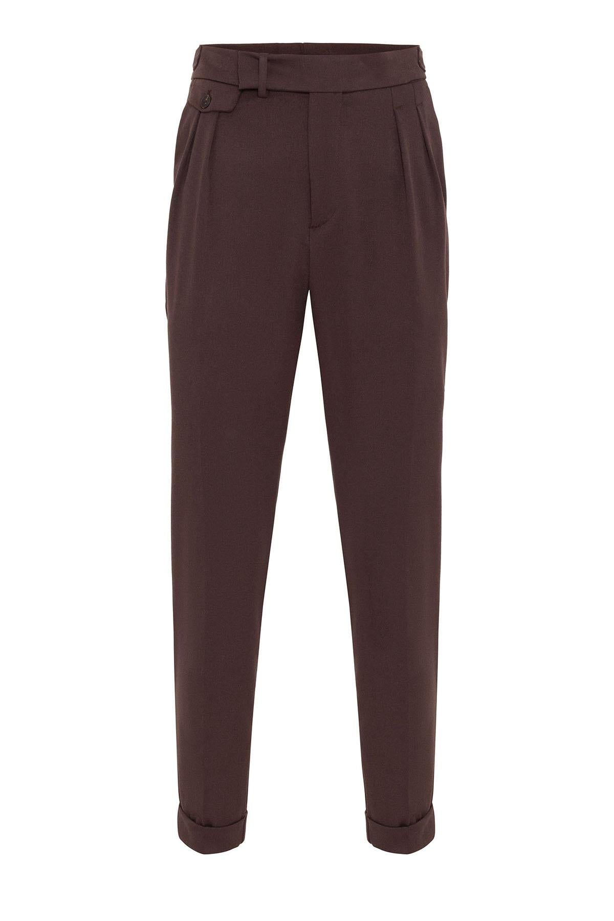 Men's Brown High Waist Pleated Trousers