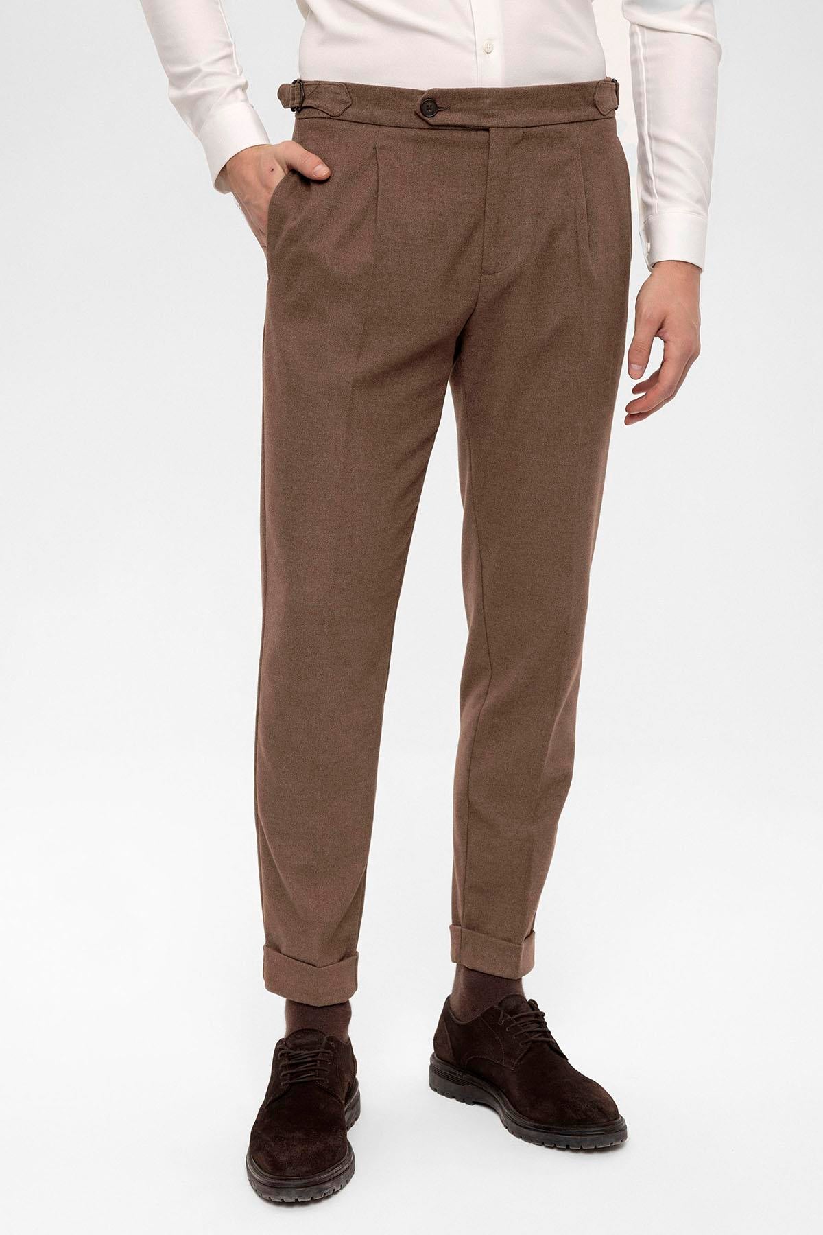 Men's Brown High Waist Pleated Trousers