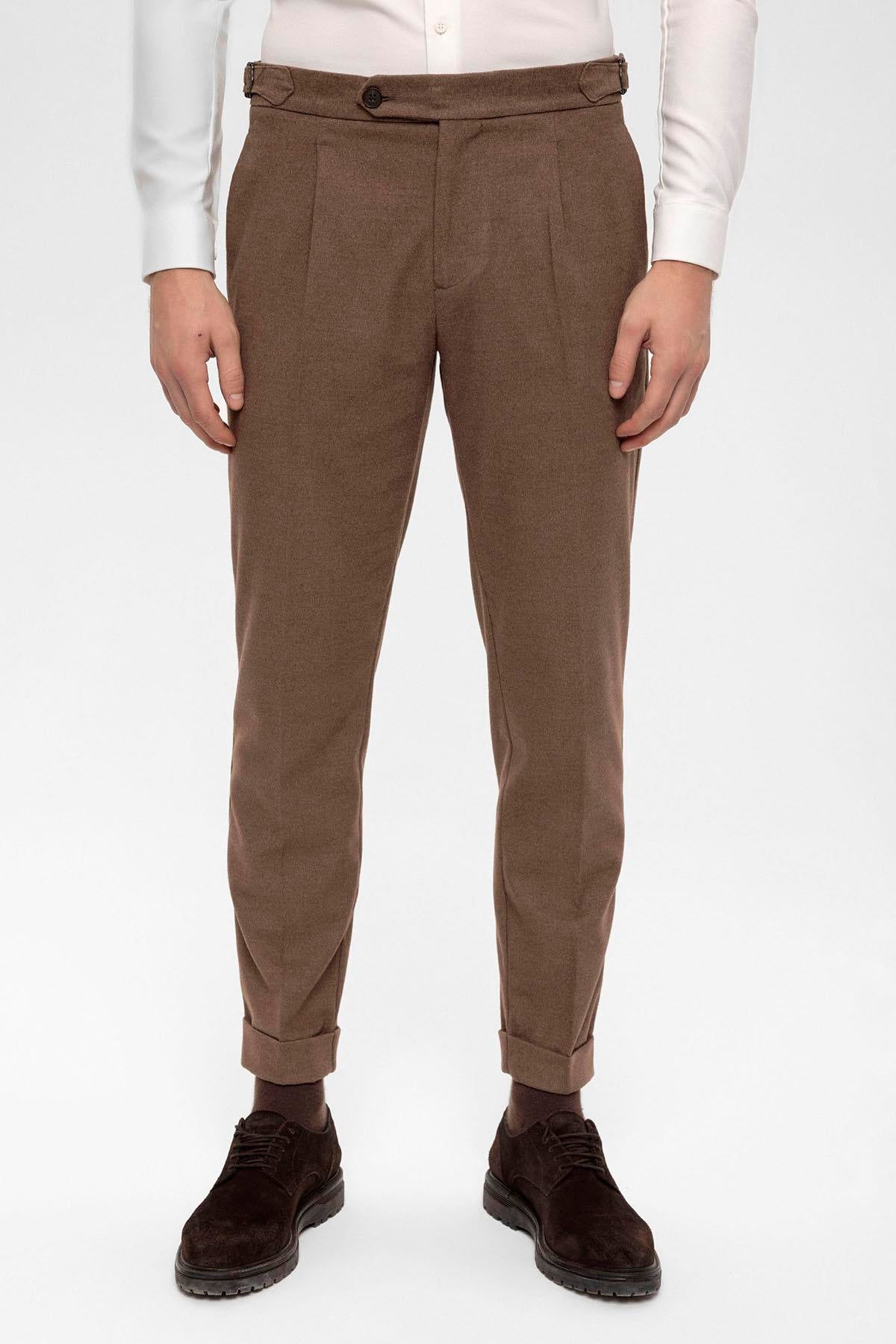 Men's Brown High Waist Pleated Trousers