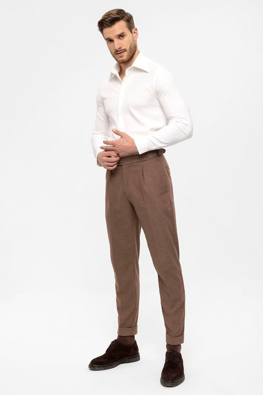 Men's Brown High Waist Pleated Trousers