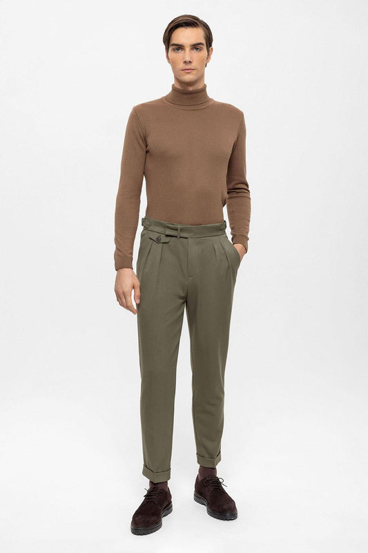 Men's Khaki High Waist Pleated Trousers