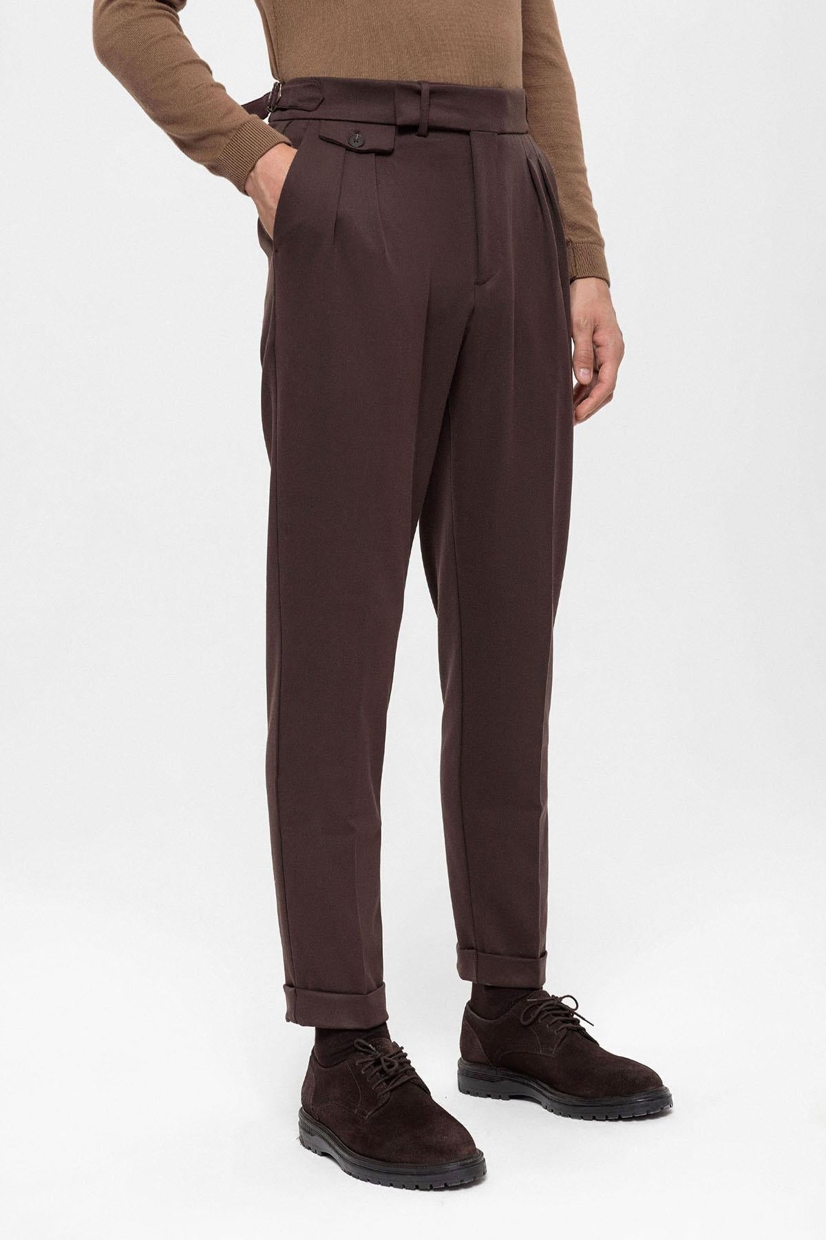 Men's Brown High Waist Pleated Trousers
