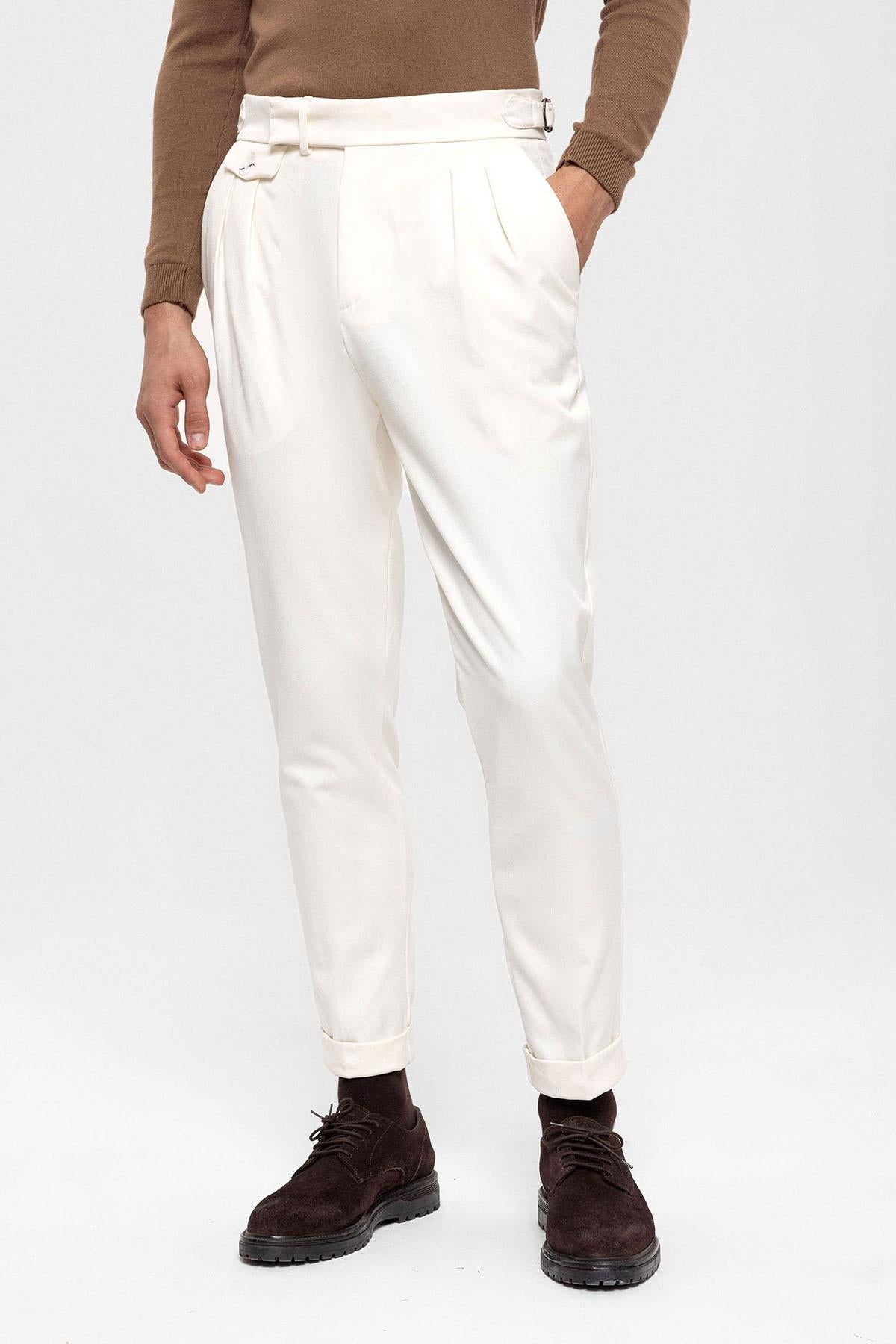 Men's Ecru High Waist Pleated Trousers