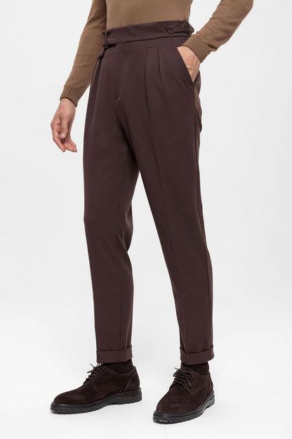 Men's Brown High Waist Pleated Trousers