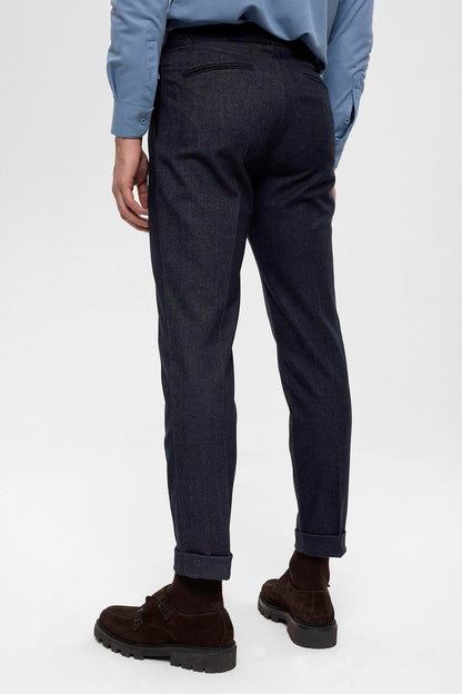 Men's Navy Blue High Waist Pleated Trousers