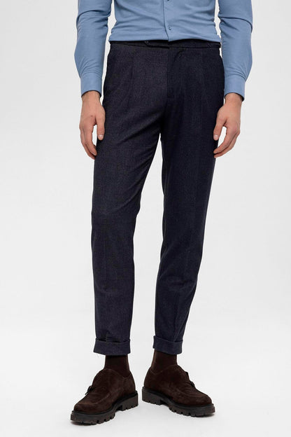 Men's Navy Blue High Waist Pleated Trousers