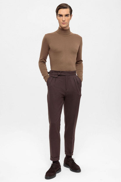 Men's Brown High Waist Pleated Trousers