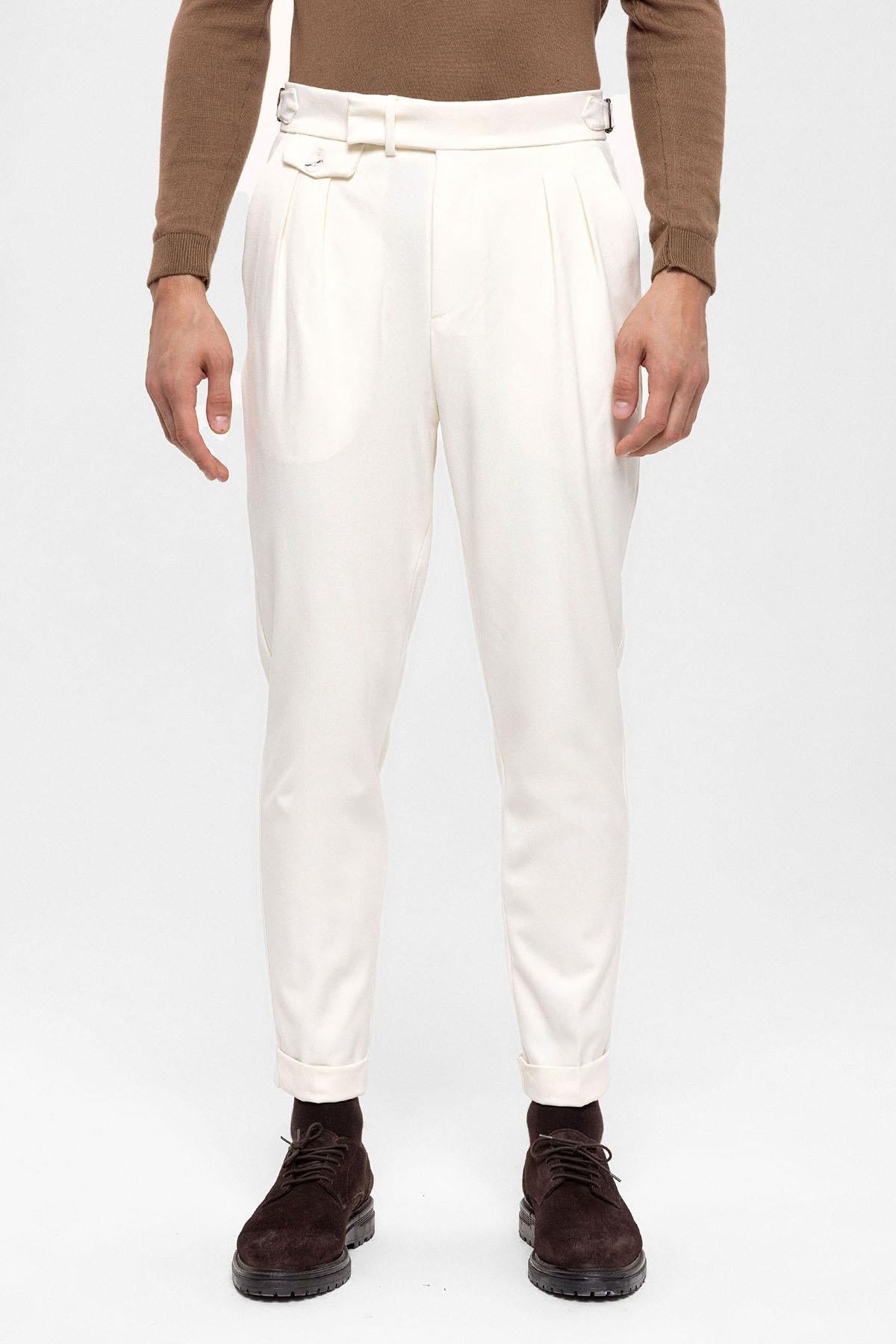 Men's Ecru High Waist Pleated Trousers