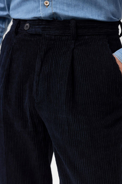 Men's Navy Blue High Waist Pleated Velvet Trousers