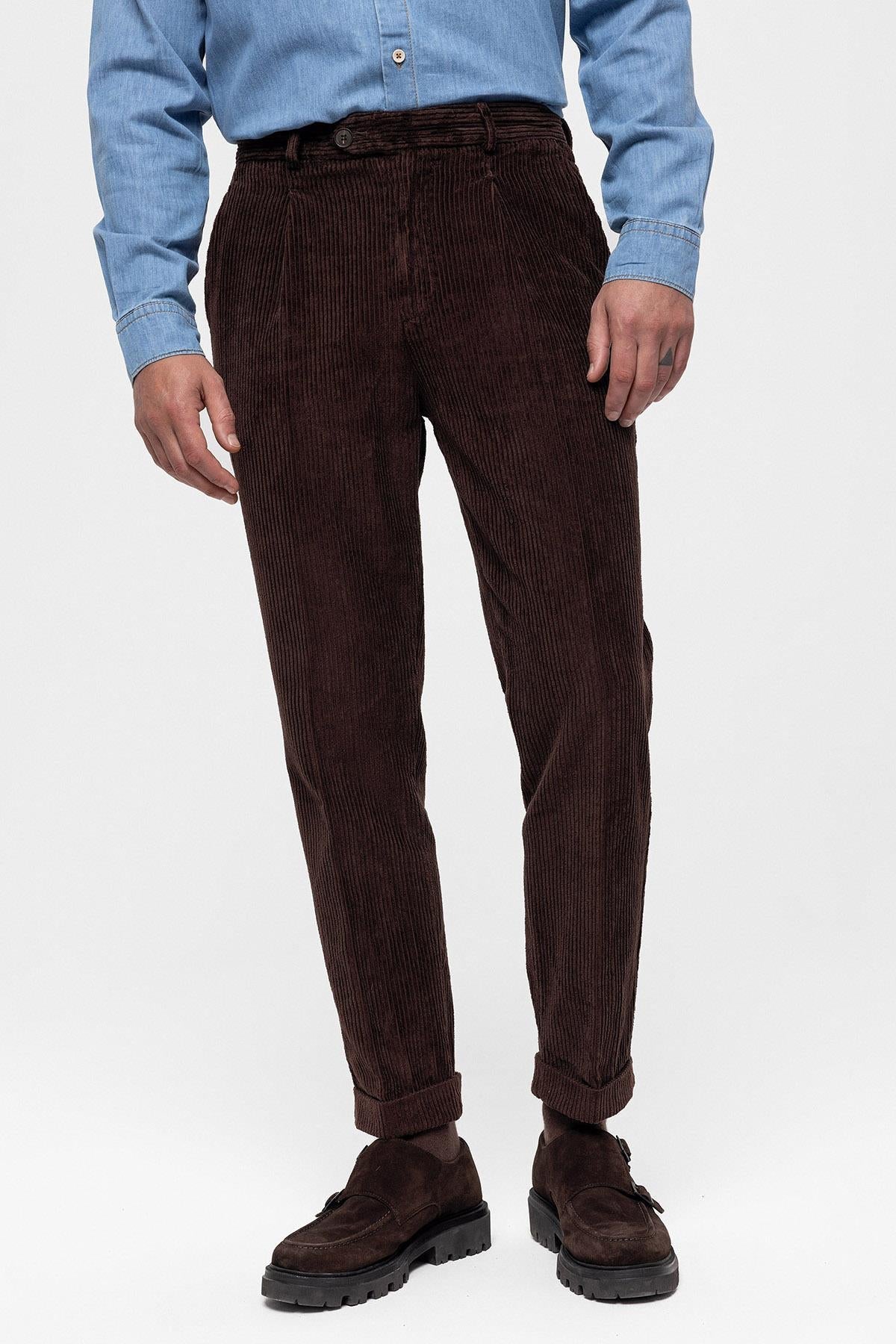 Men's Dark Brown High Waist Pleated Velvet Trousers