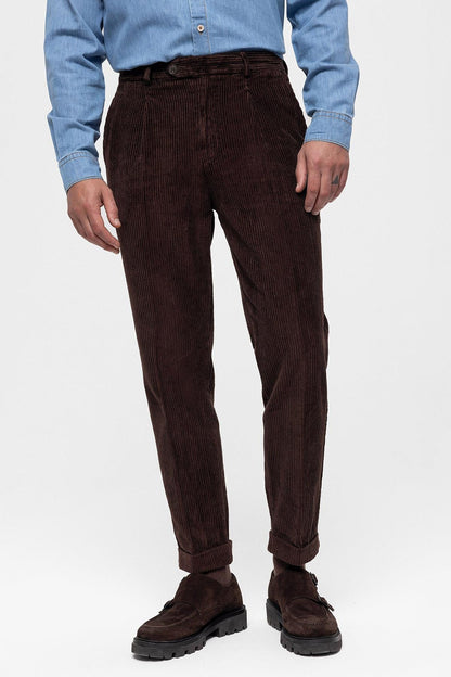 Men's Dark Brown High Waist Pleated Velvet Trousers