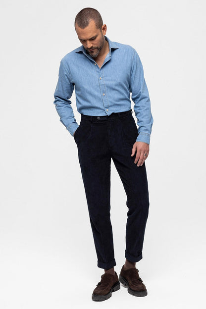 Men's Navy Blue High Waist Pleated Velvet Trousers