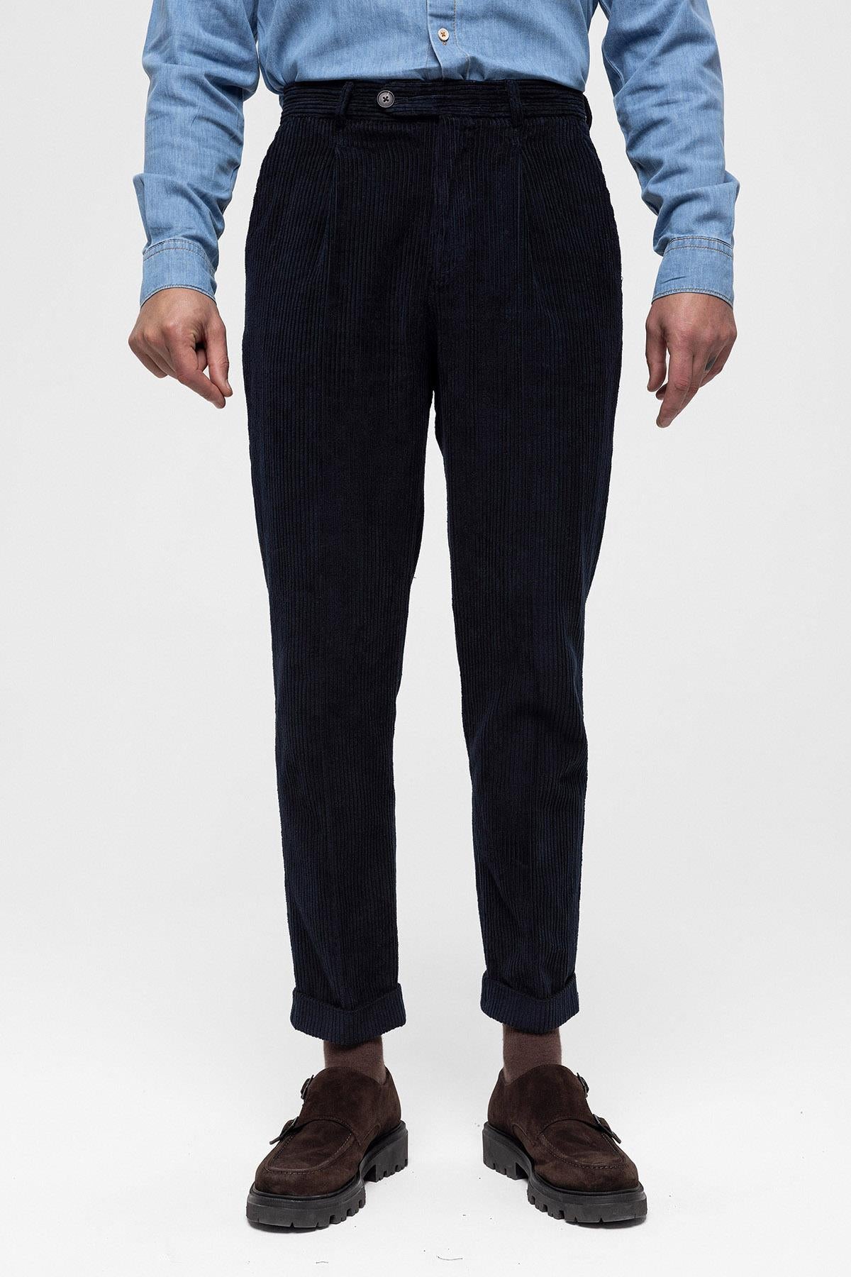 Men's Navy Blue High Waist Pleated Velvet Trousers