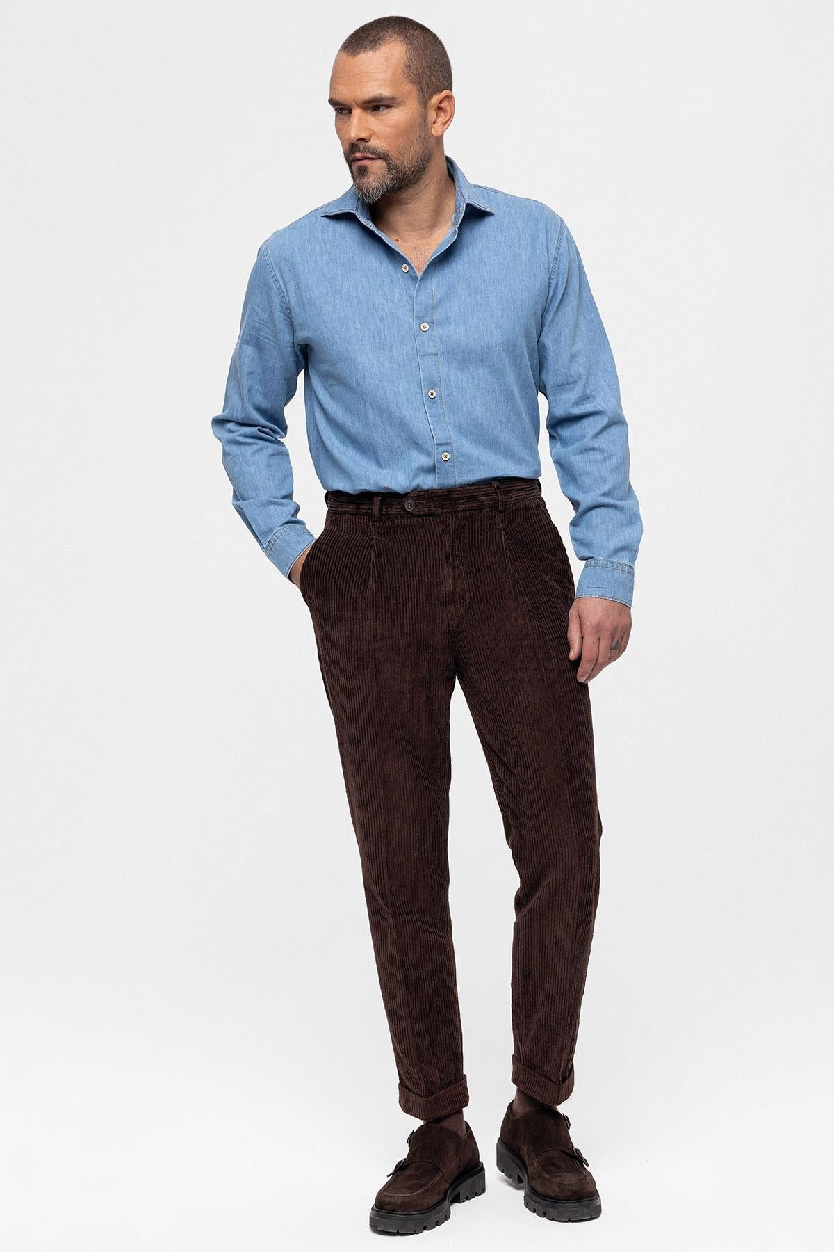 Men's Dark Brown High Waist Pleated Velvet Trousers