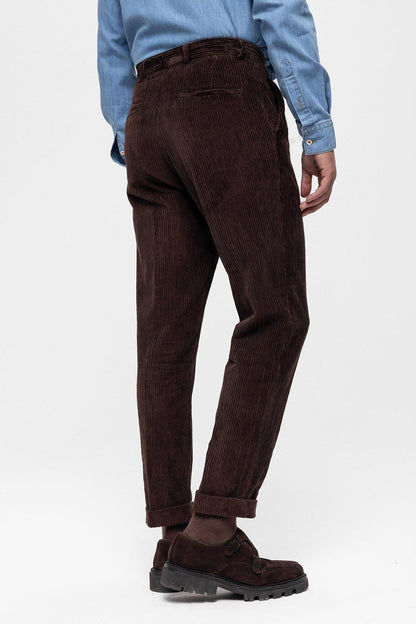 Men's Dark Brown High Waist Pleated Velvet Trousers