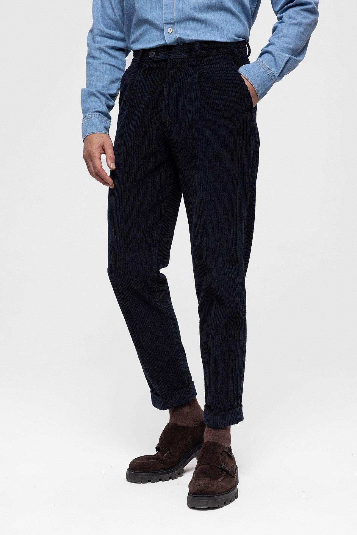 Men's Navy Blue High Waist Pleated Velvet Trousers