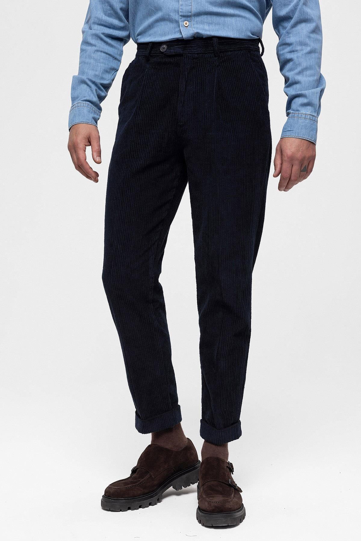 Men's Navy Blue High Waist Pleated Velvet Trousers