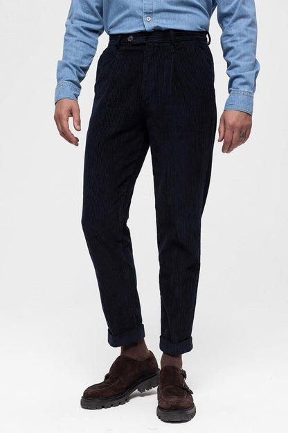 Men's Navy Blue High Waist Pleated Velvet Trousers