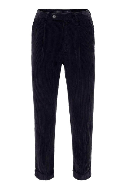 Men's Navy Blue High Waist Pleated Velvet Trousers