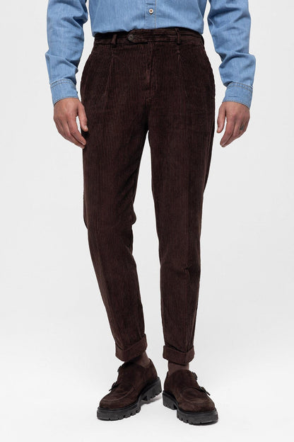 Men's Dark Brown High Waist Pleated Velvet Trousers