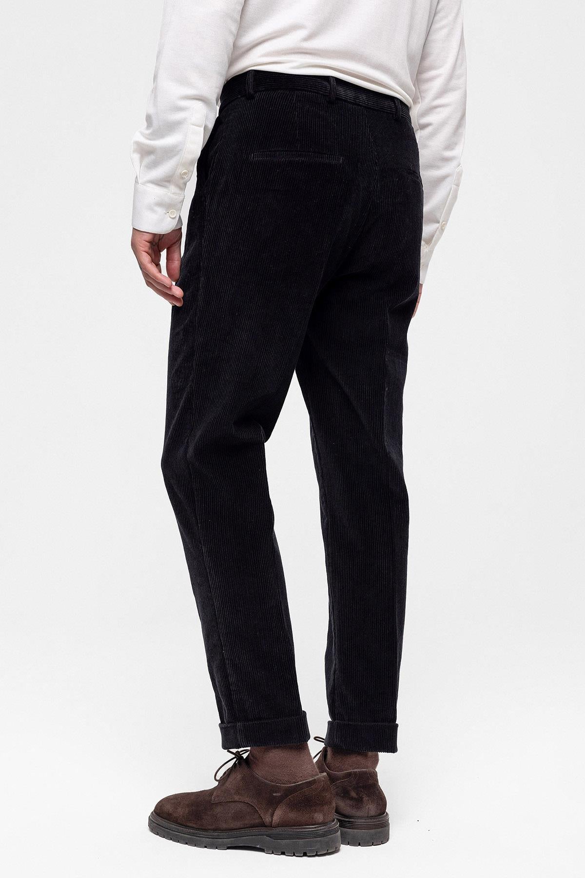 Men's Black High Waist Pleated Velvet Trousers