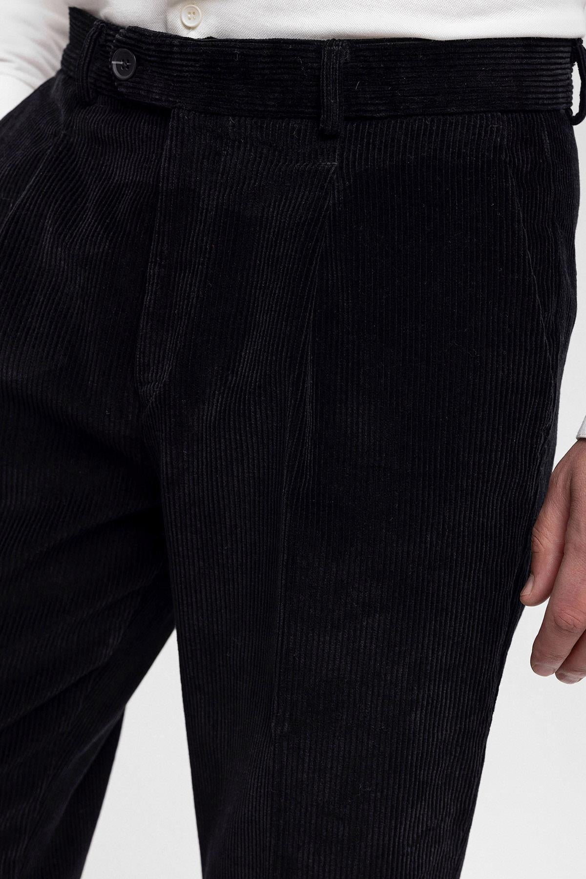 Men's Black High Waist Pleated Velvet Trousers