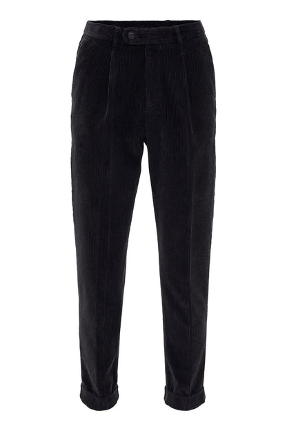 Men's Black High Waist Pleated Velvet Trousers