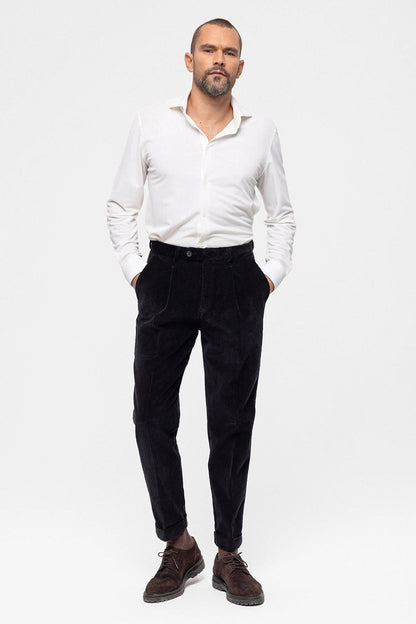 Men's Black High Waist Pleated Velvet Trousers