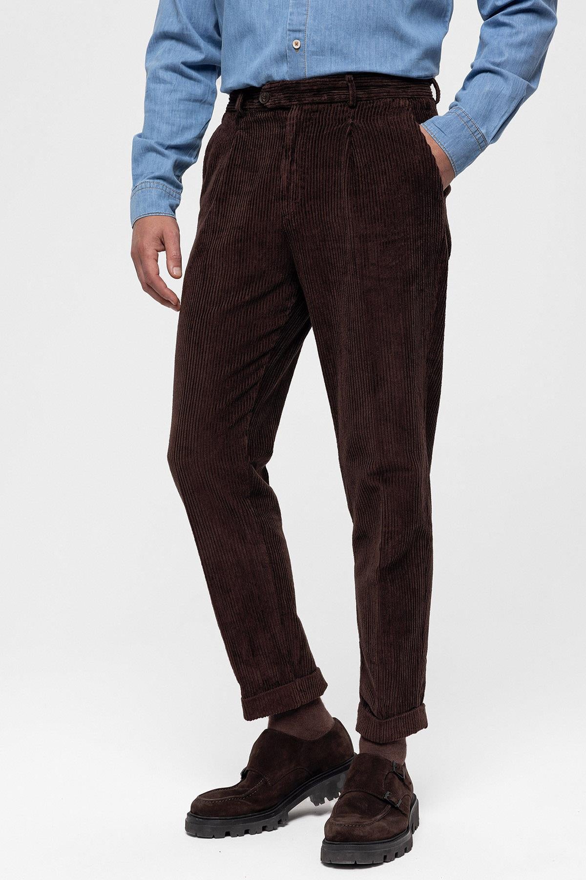 Men's Dark Brown High Waist Pleated Velvet Trousers