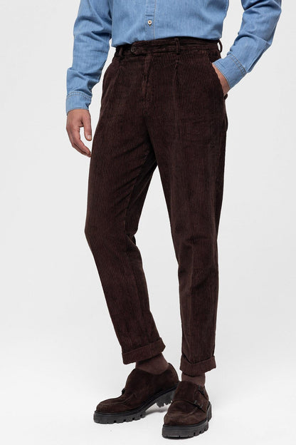 Men's Dark Brown High Waist Pleated Velvet Trousers