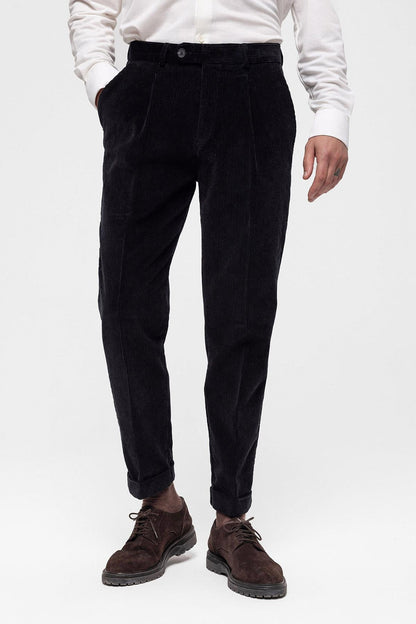 Men's Black High Waist Pleated Velvet Trousers