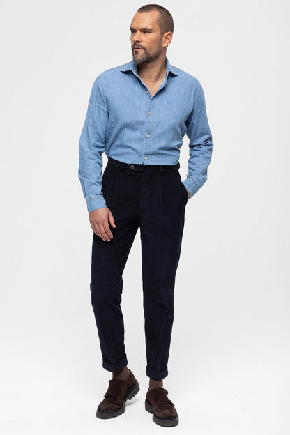 Men's Navy Blue High Waist Pleated Velvet Trousers