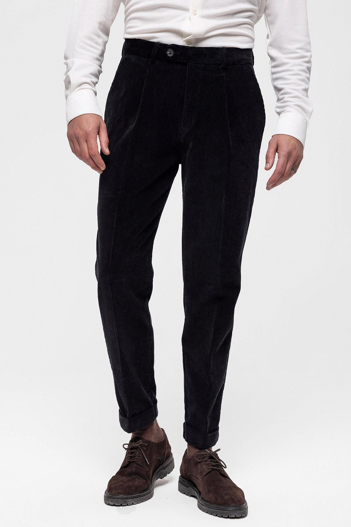 Men's Black High Waist Pleated Velvet Trousers