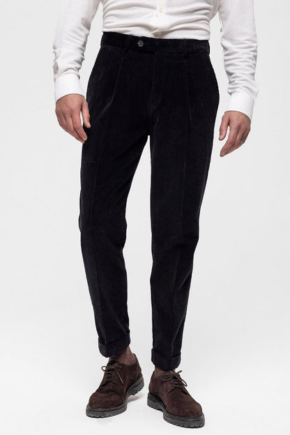 Men's Black High Waist Pleated Velvet Trousers