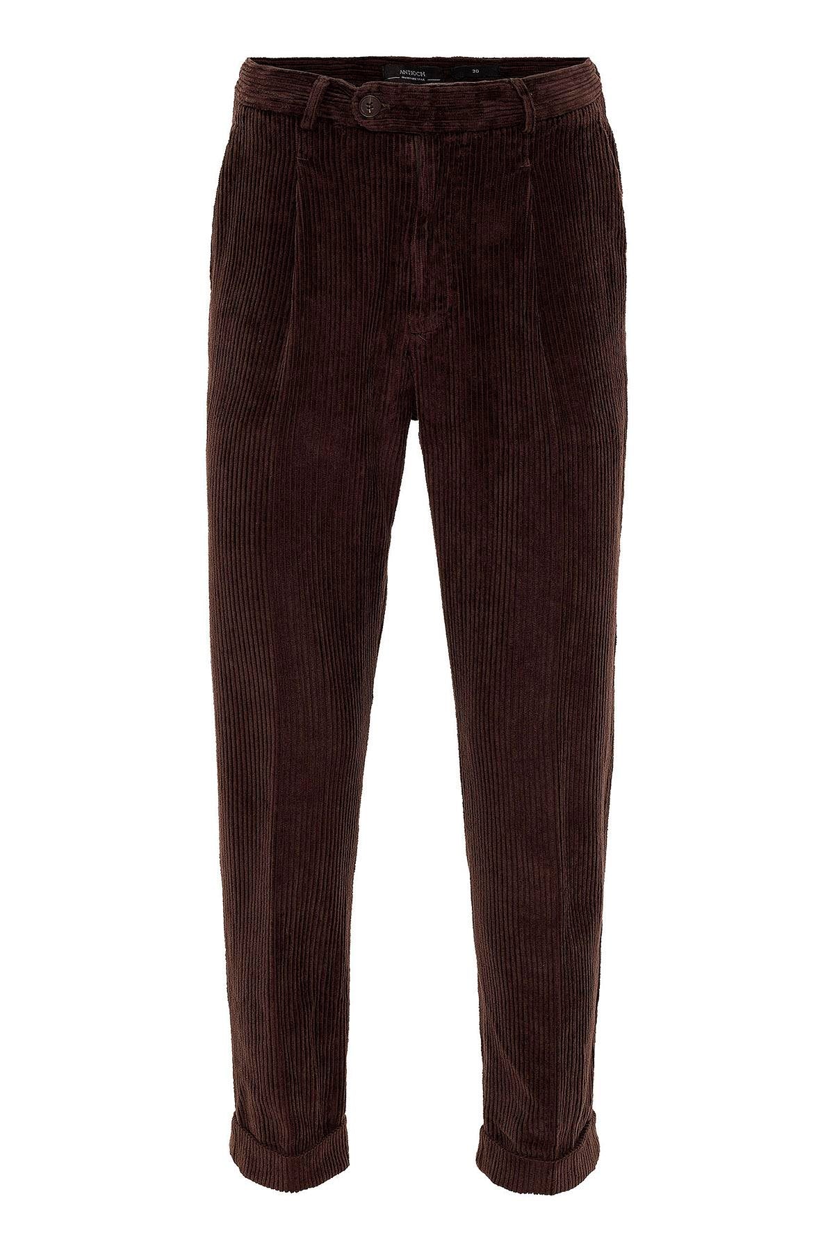 Men's Dark Brown High Waist Pleated Velvet Trousers