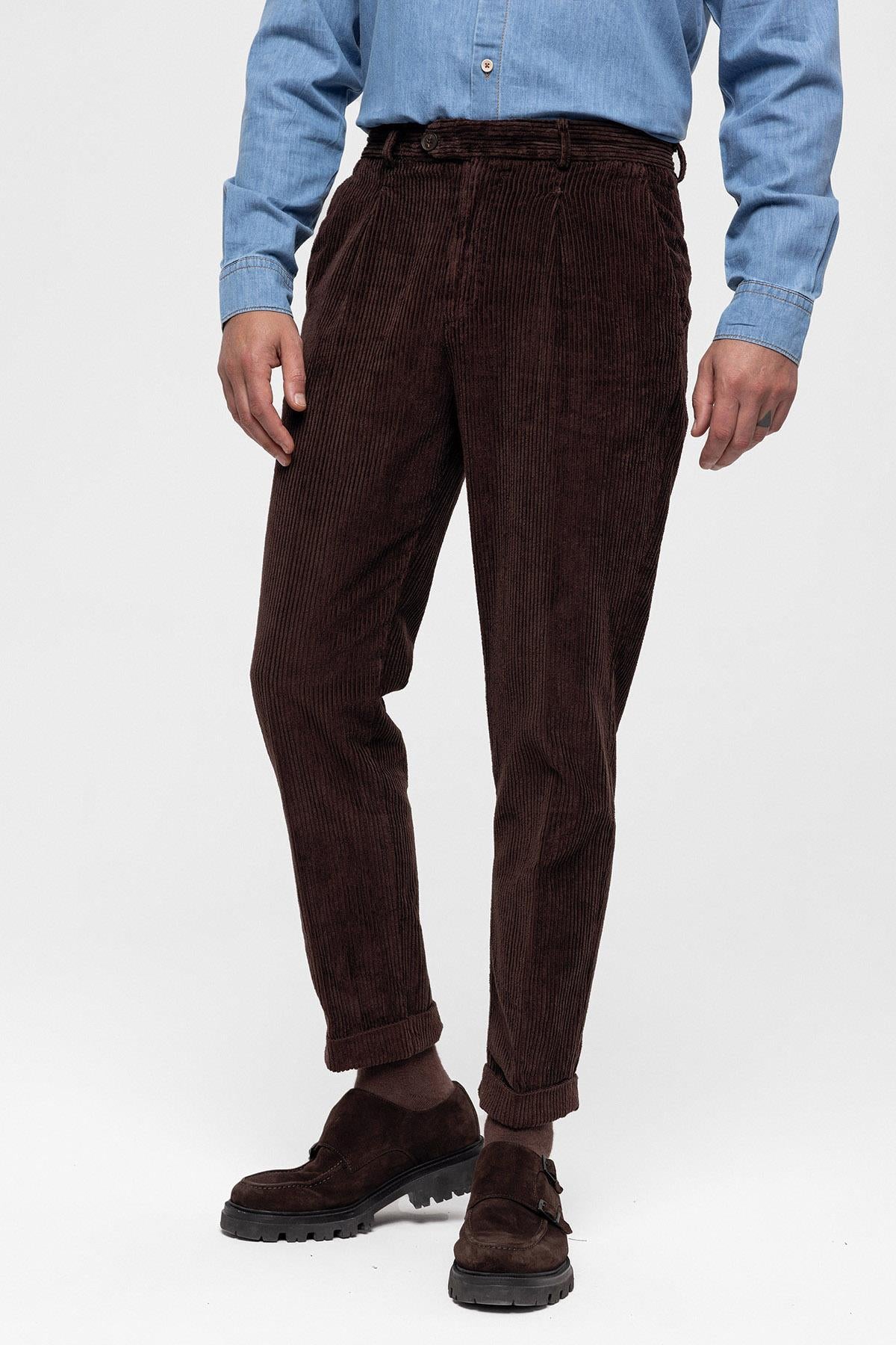 Men's Dark Brown High Waist Pleated Velvet Trousers