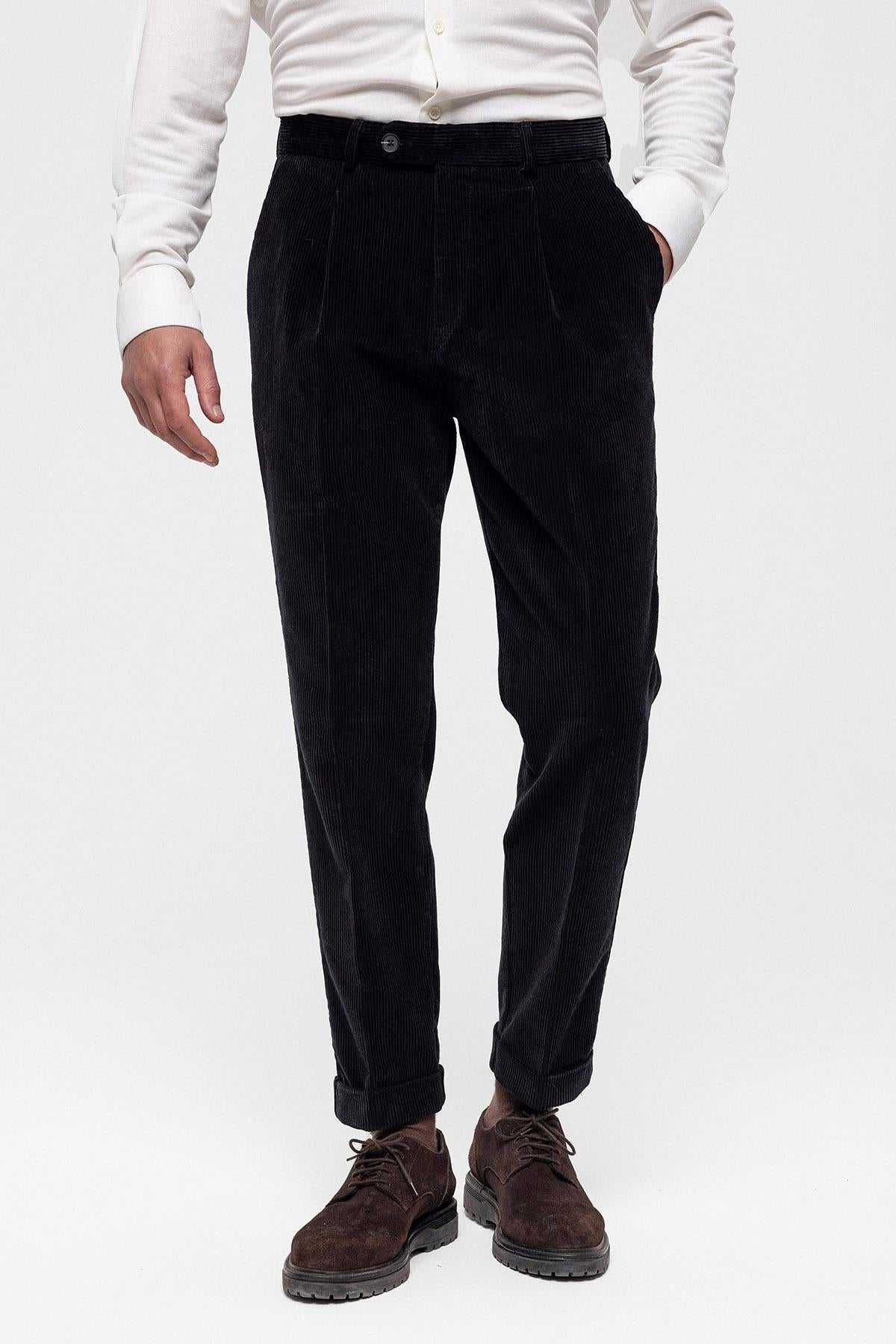 Men's Black High Waist Pleated Velvet Trousers