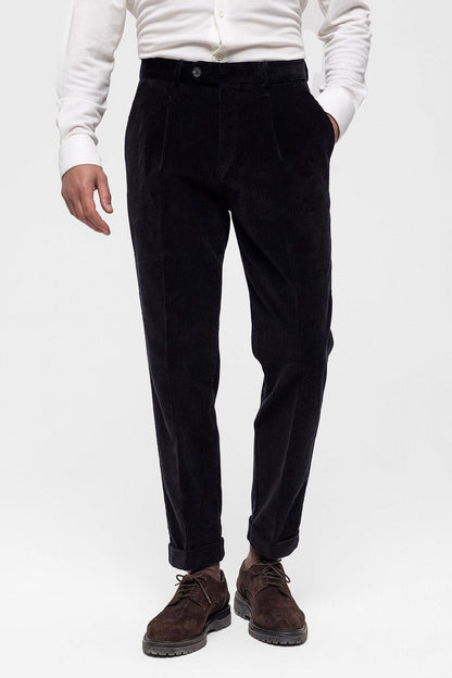 Men's Black High Waist Pleated Velvet Trousers