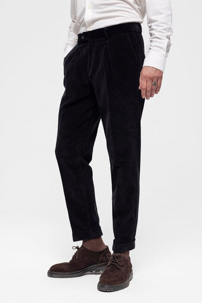 Men's Black High Waist Pleated Velvet Trousers