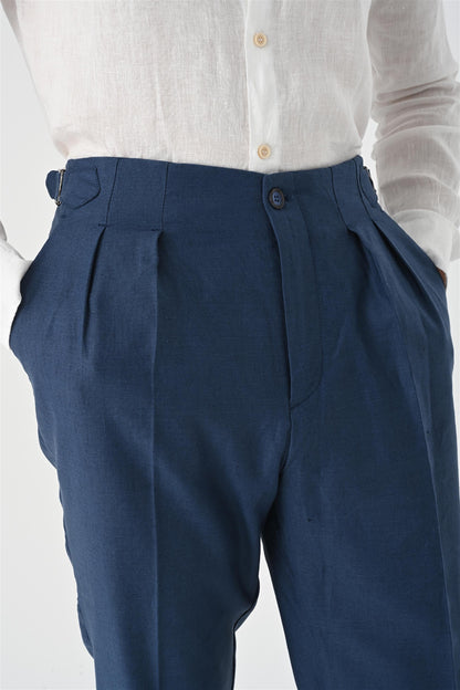 Men's Indigo High Waist Pleated Linen Trousers