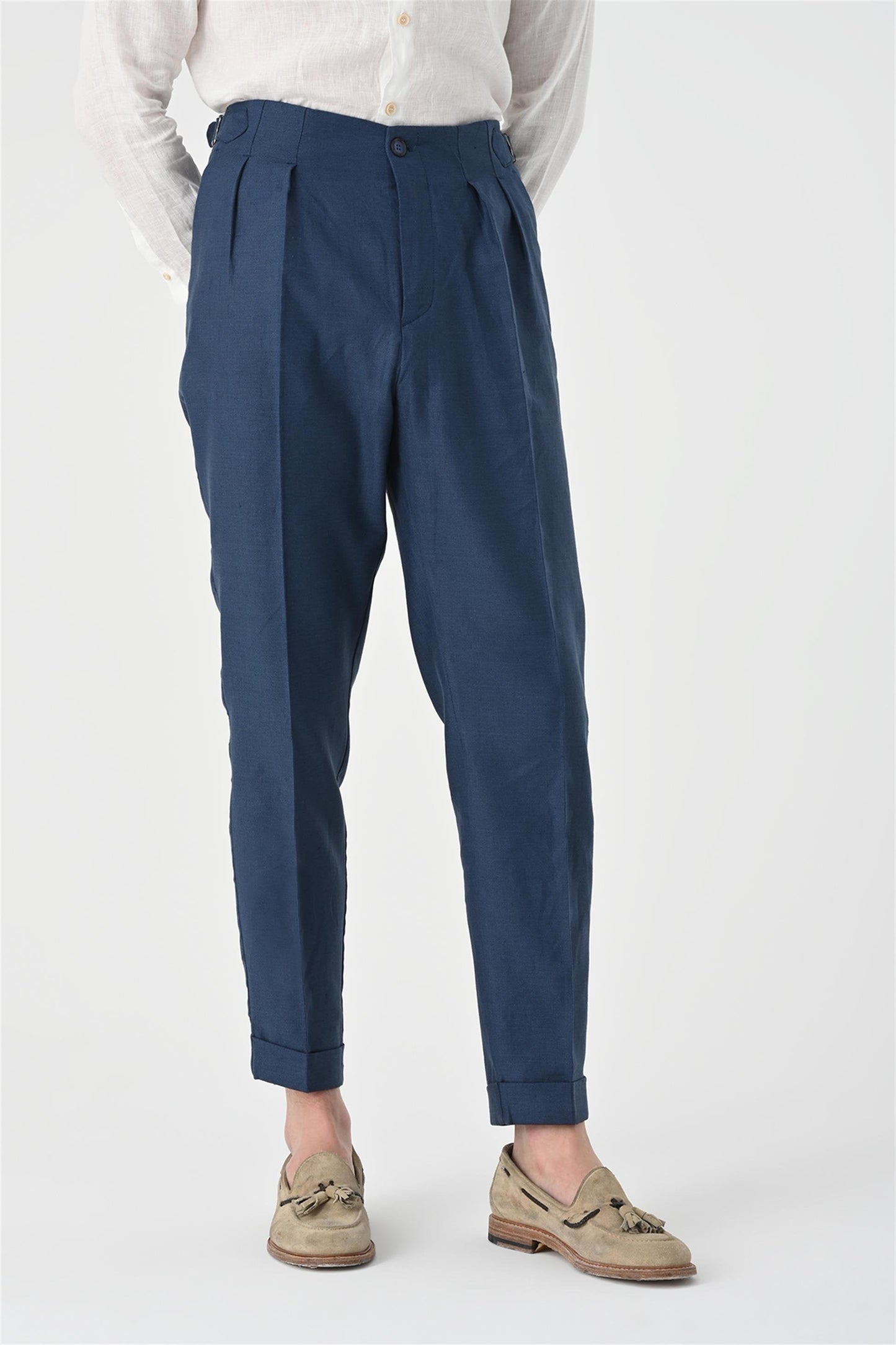 Men's Indigo High Waist Pleated Linen Trousers