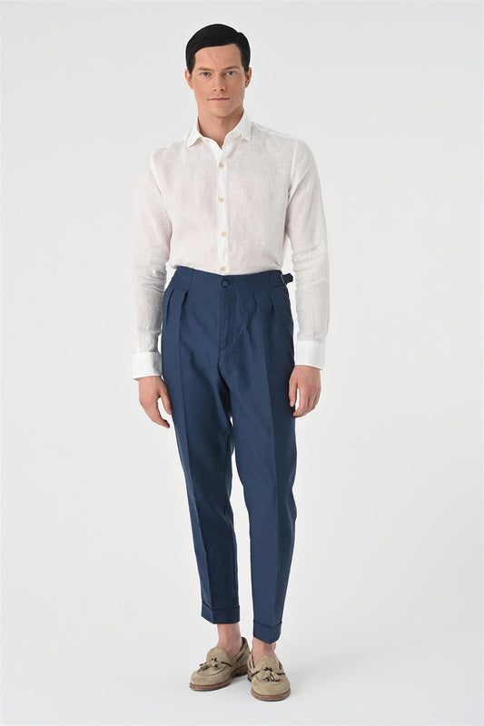 Men's Indigo High Waist Pleated Linen Trousers