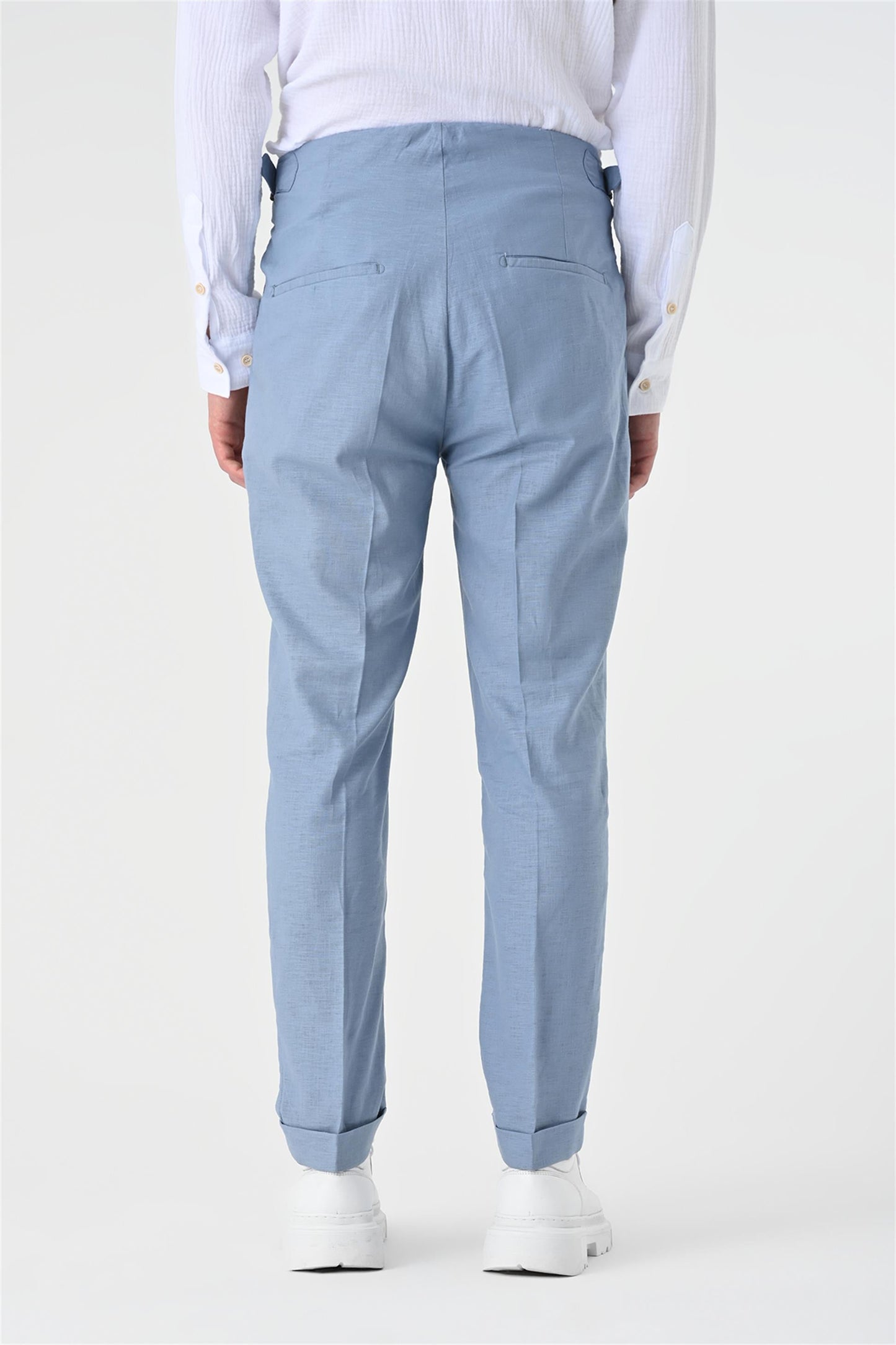 Men's Blue High Waist Pleated Linen Trousers
