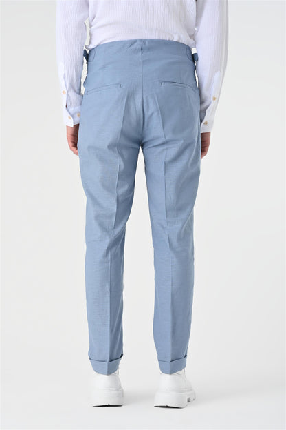 Men's Blue High Waist Pleated Linen Trousers
